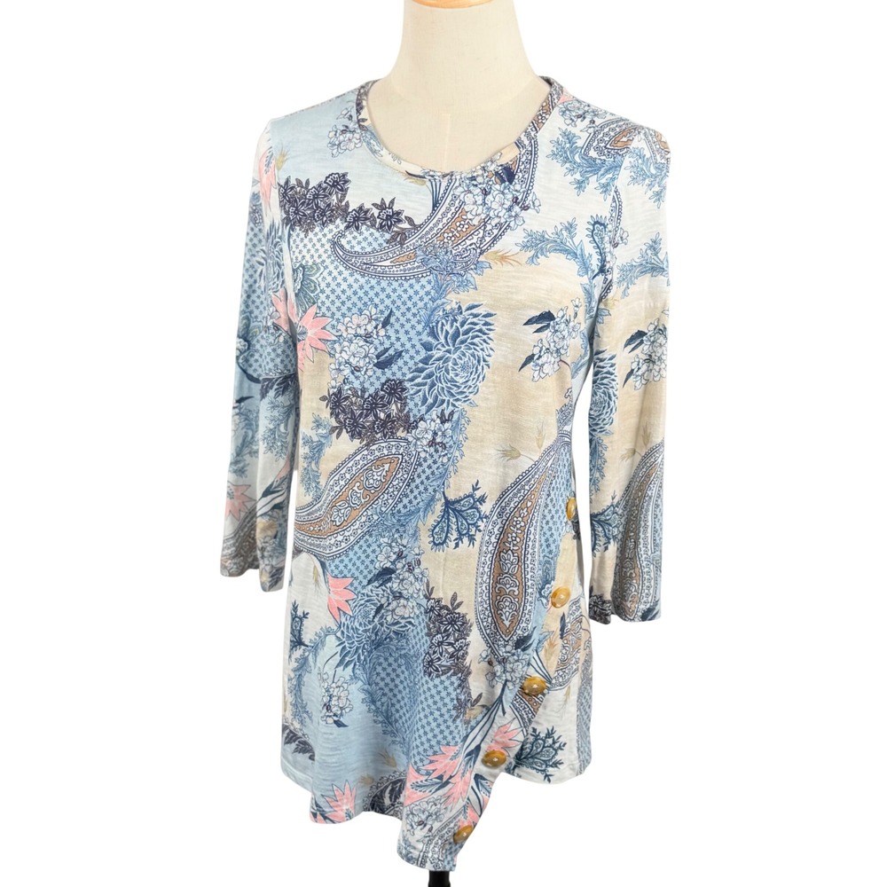 Chicos 0 Paisley Paradise Asymmetrical Button Tunic Top 3/4 Sleeve S Art to Wear